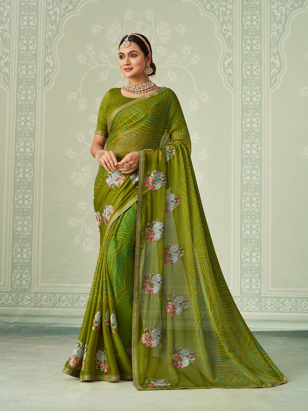 Green floral embroidered chiffon saree festive wear
