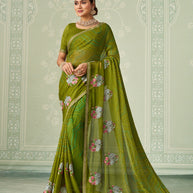 Green floral embroidered chiffon saree festive wear