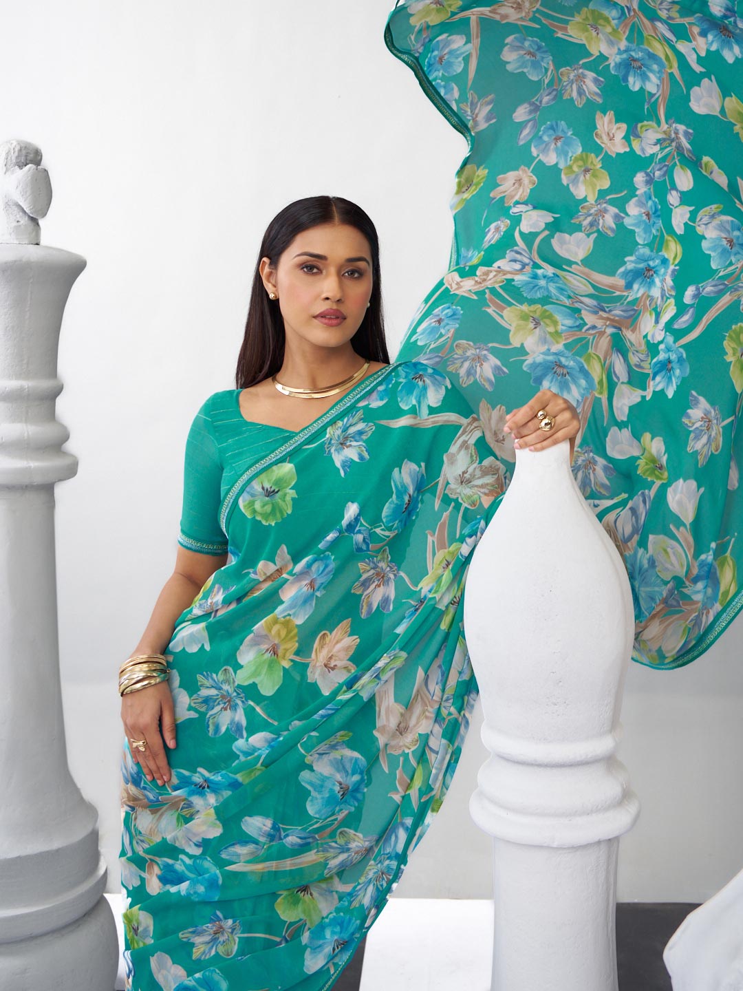 Green floral georgette saree casual look
