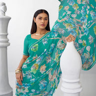 Green floral georgette saree casual look