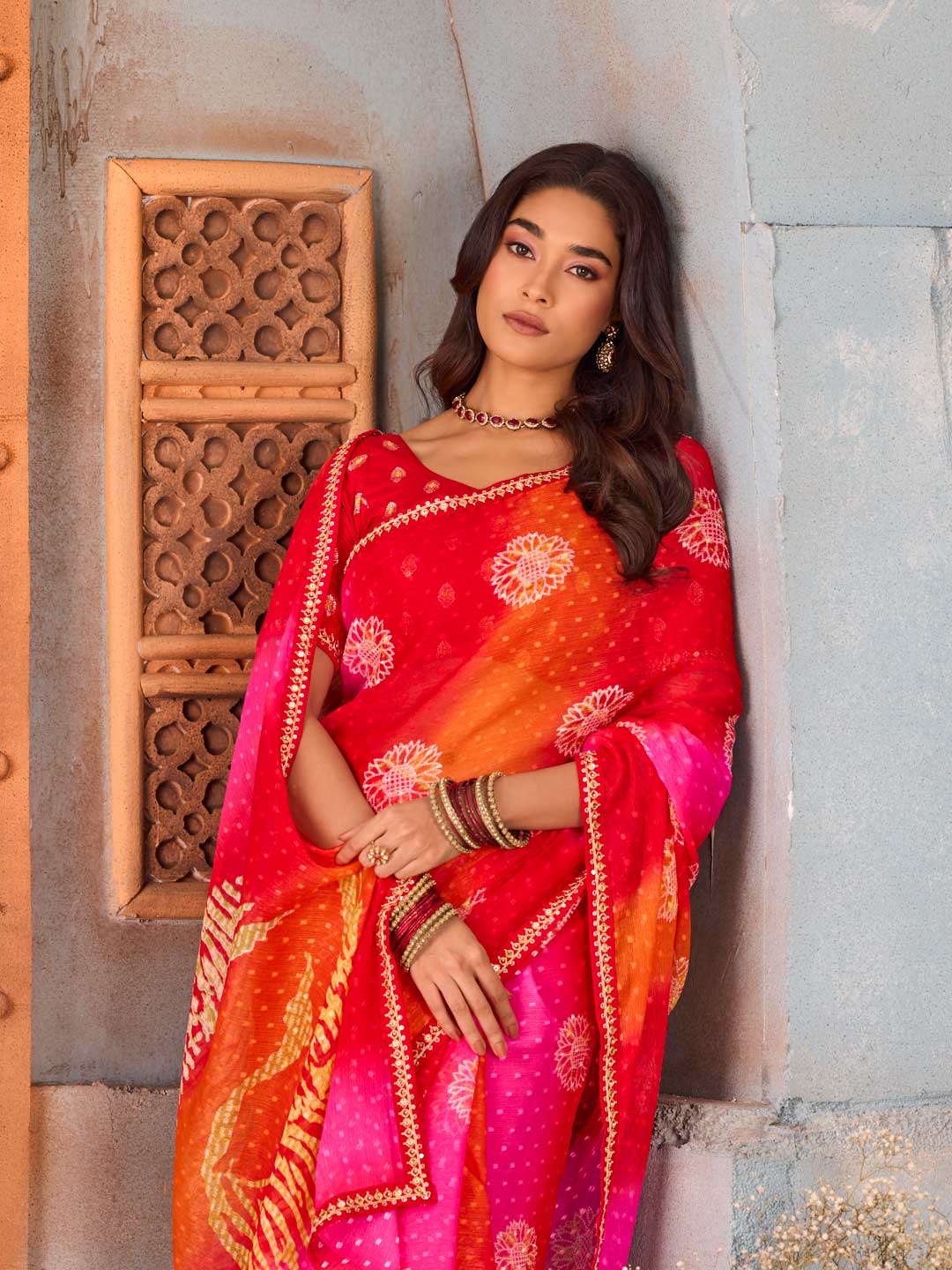 red chiffon saree