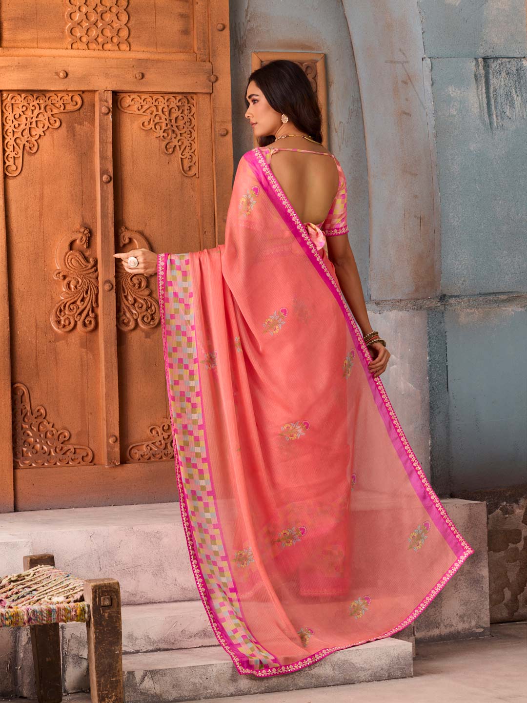 Pink floral printed silk blend saree festive wear