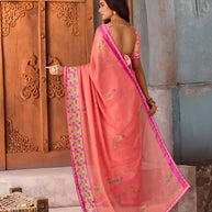 Pink floral printed silk blend saree festive wear