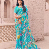 Blue georgette floral print saree