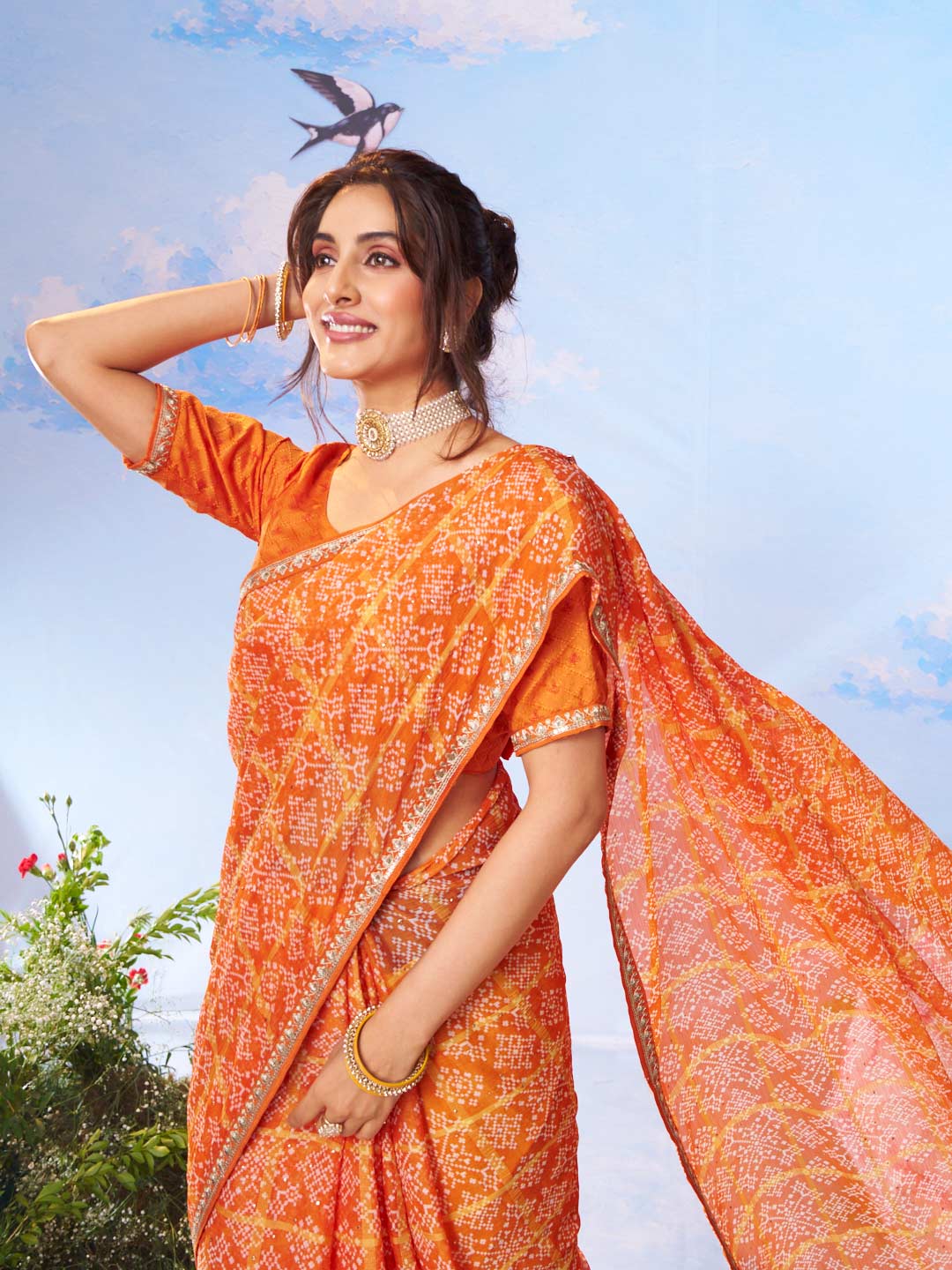 Orange printed silk saree party wear