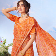 Orange printed silk saree party wear