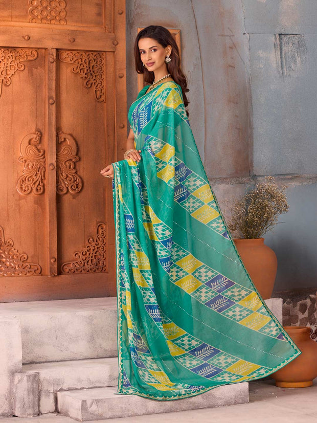 Blue dotted geometric printed chiffon saree casual wear