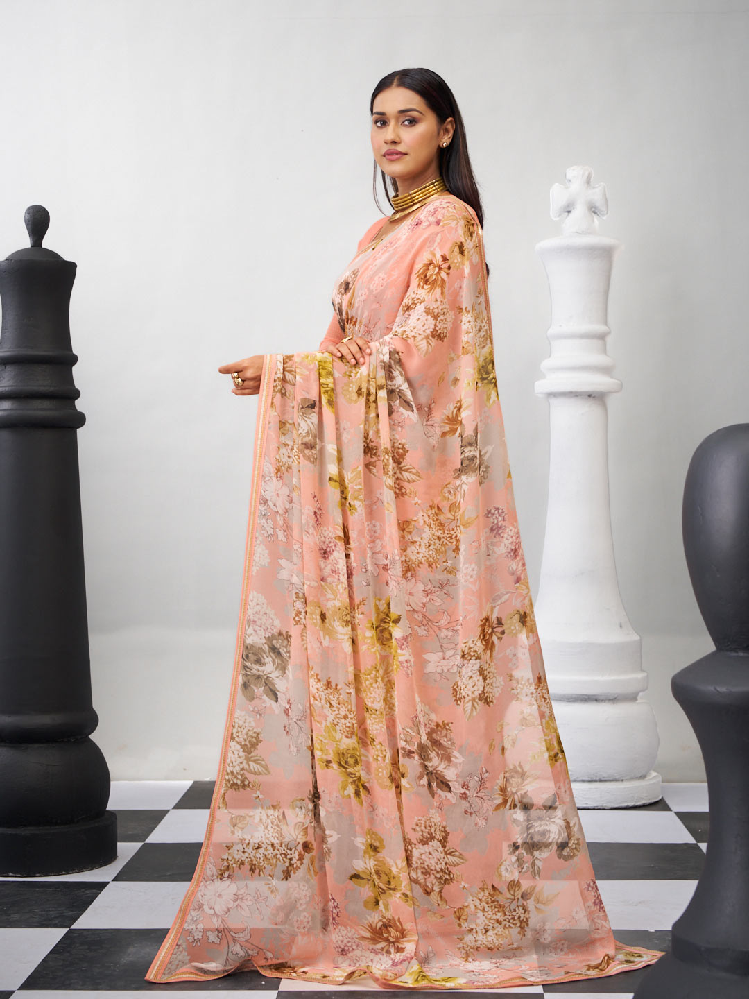 Orange floral saree lightweight style