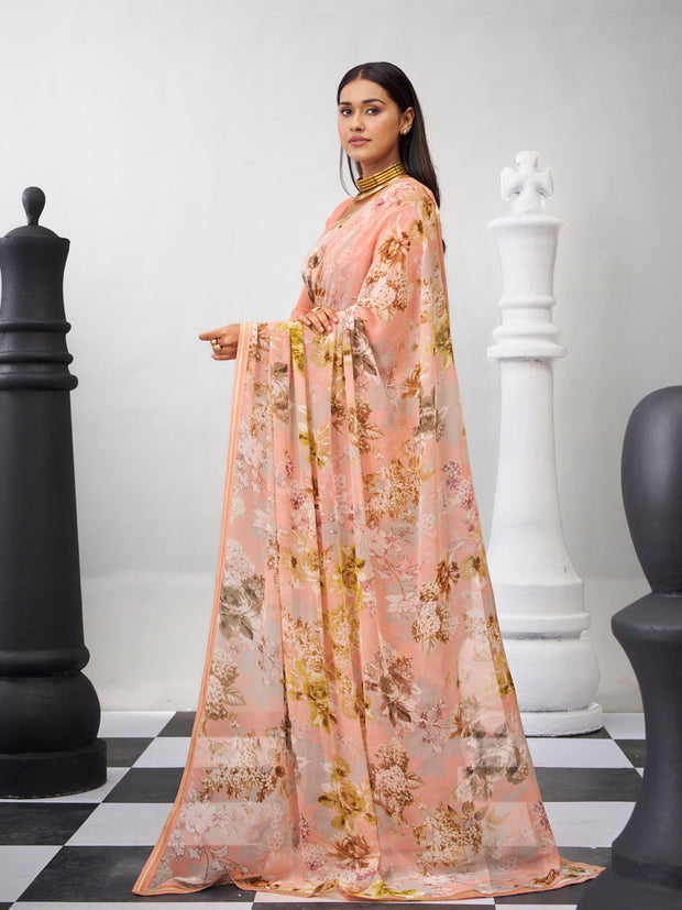 Orange floral saree lightweight style