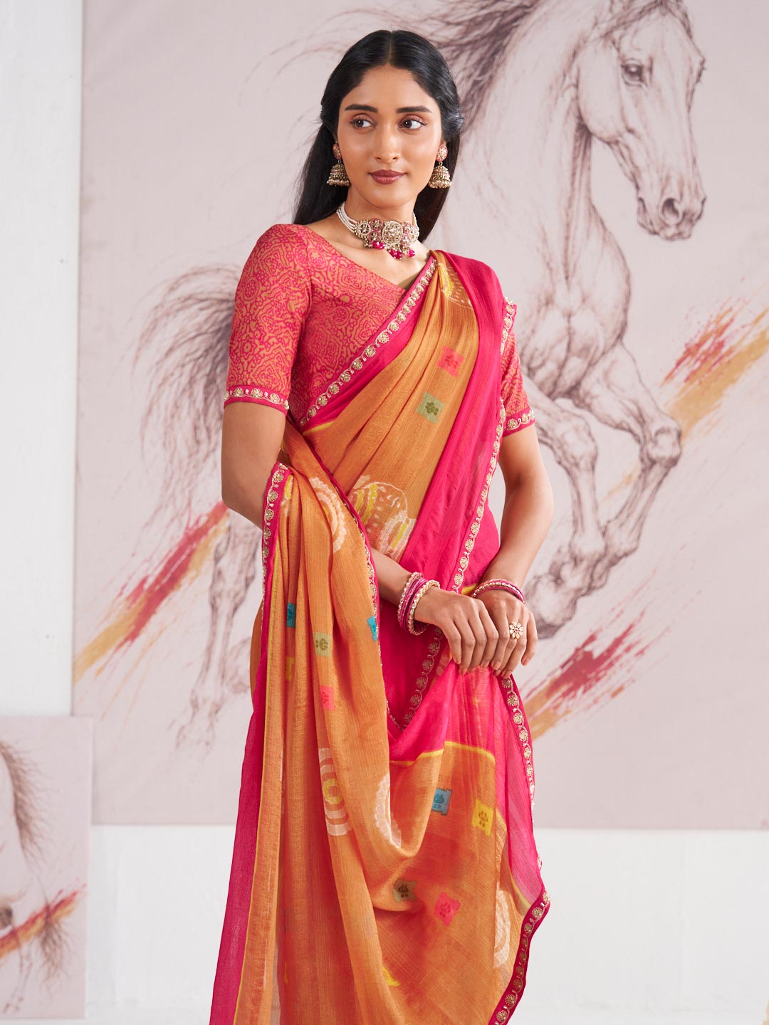 Laxmipati Murli Orange Silk Blend Floral Saree