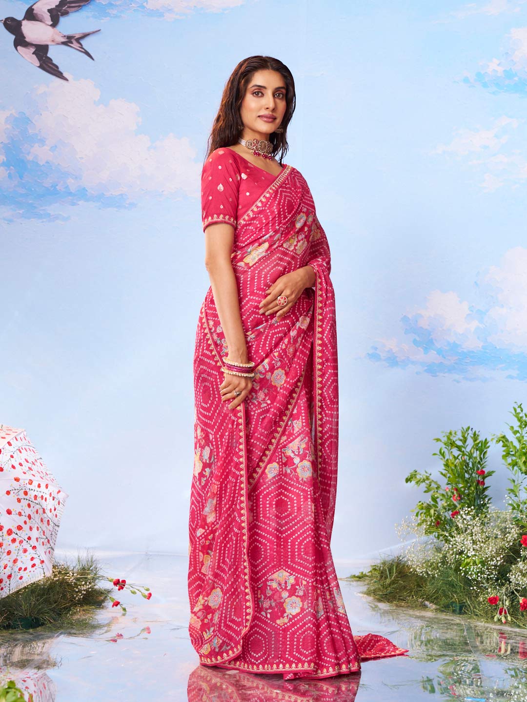 Pink floral silk saree party wear