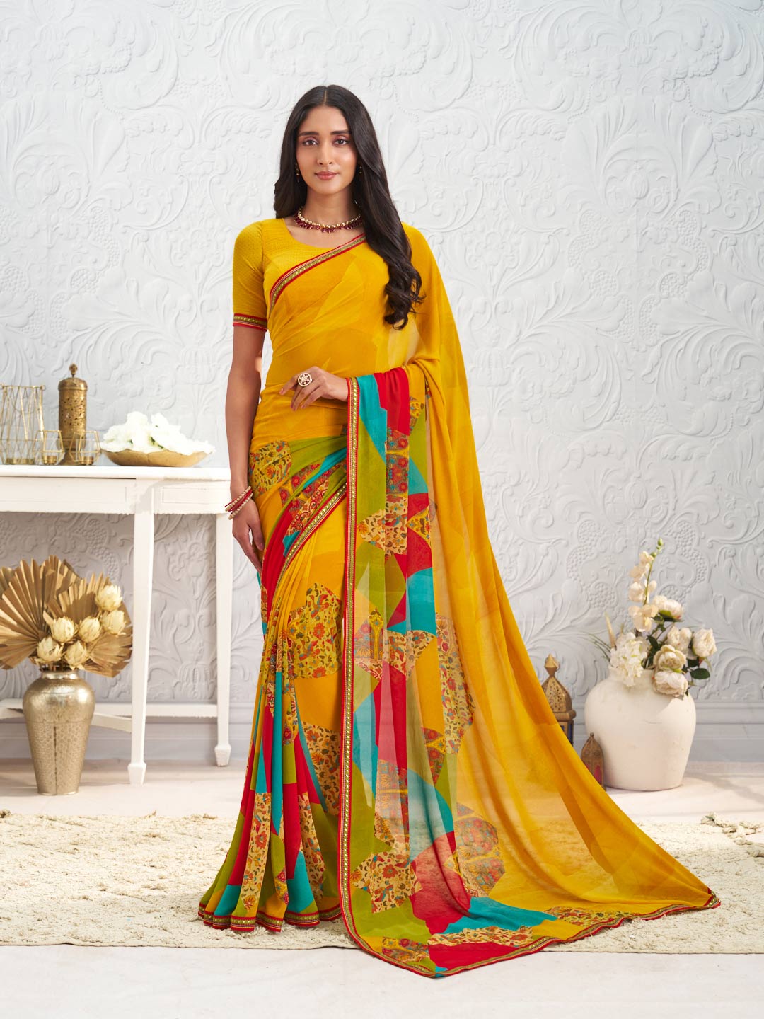 Yellow floral printed georgette saree daily wear