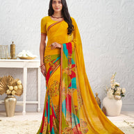 Yellow floral printed georgette saree daily wear