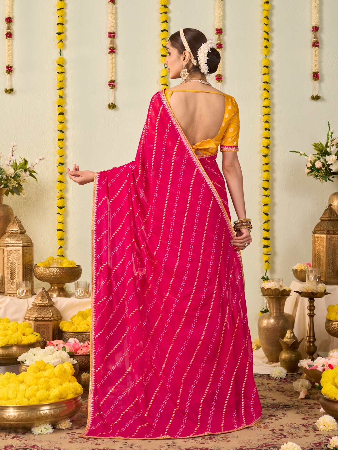 Pink bandhani printed georgette saree party wear