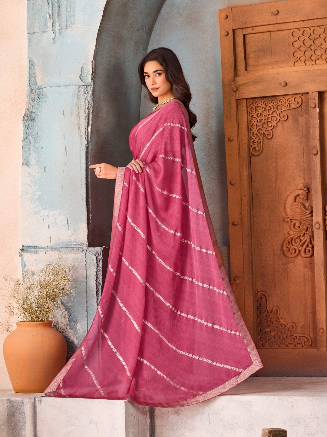 Pink woven silk blend saree party wear