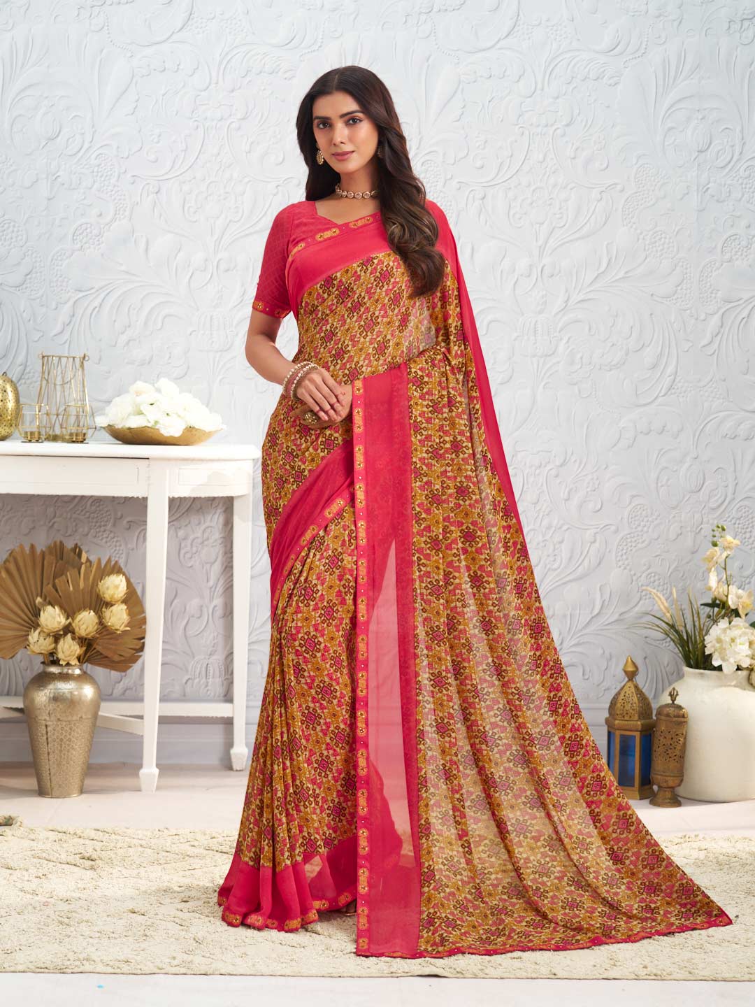 Orange floral printed georgette saree daily wear