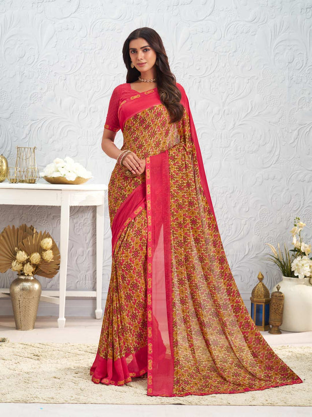 Orange floral printed georgette saree daily wear