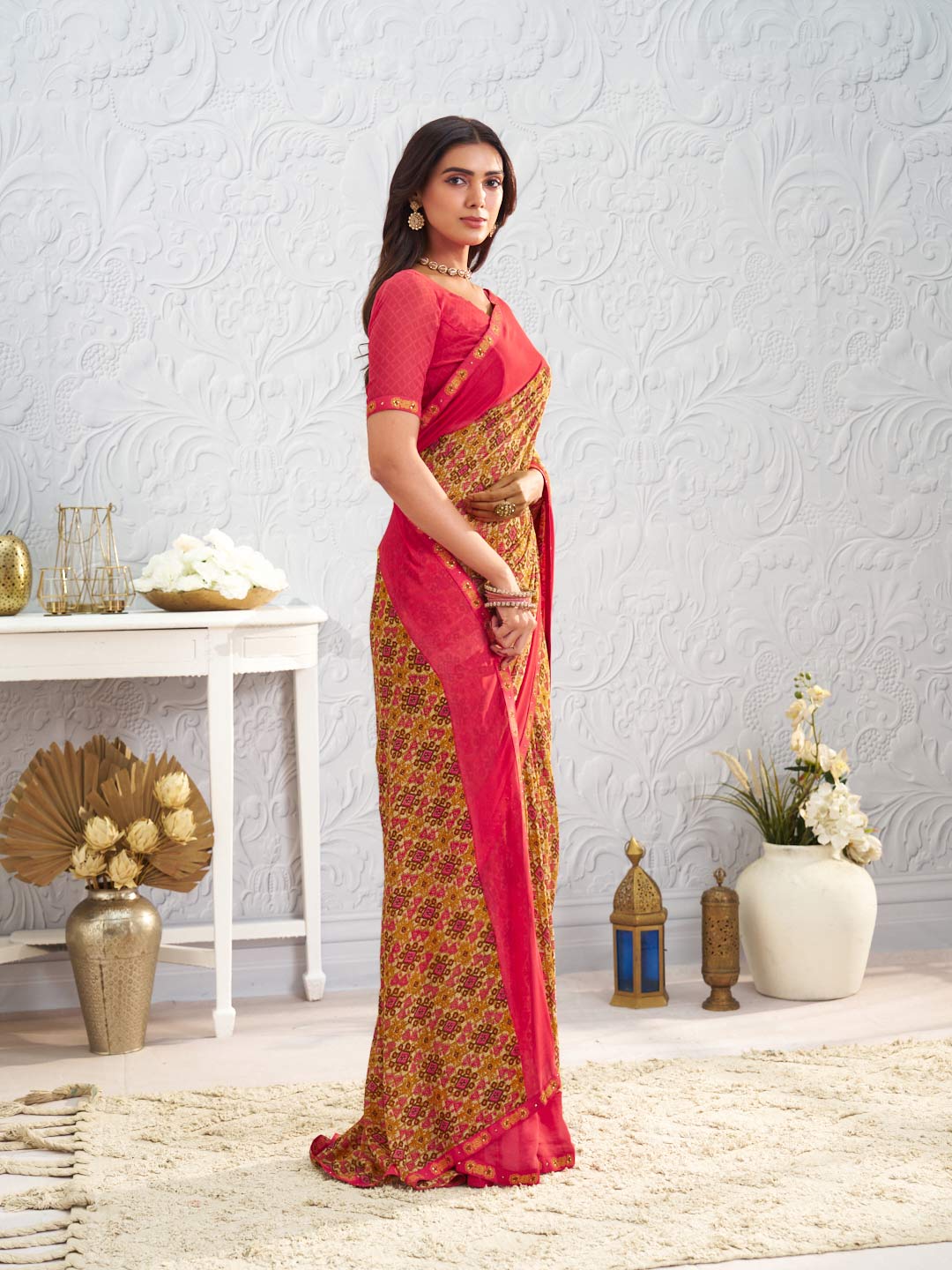 Orange floral printed georgette saree wedding wear