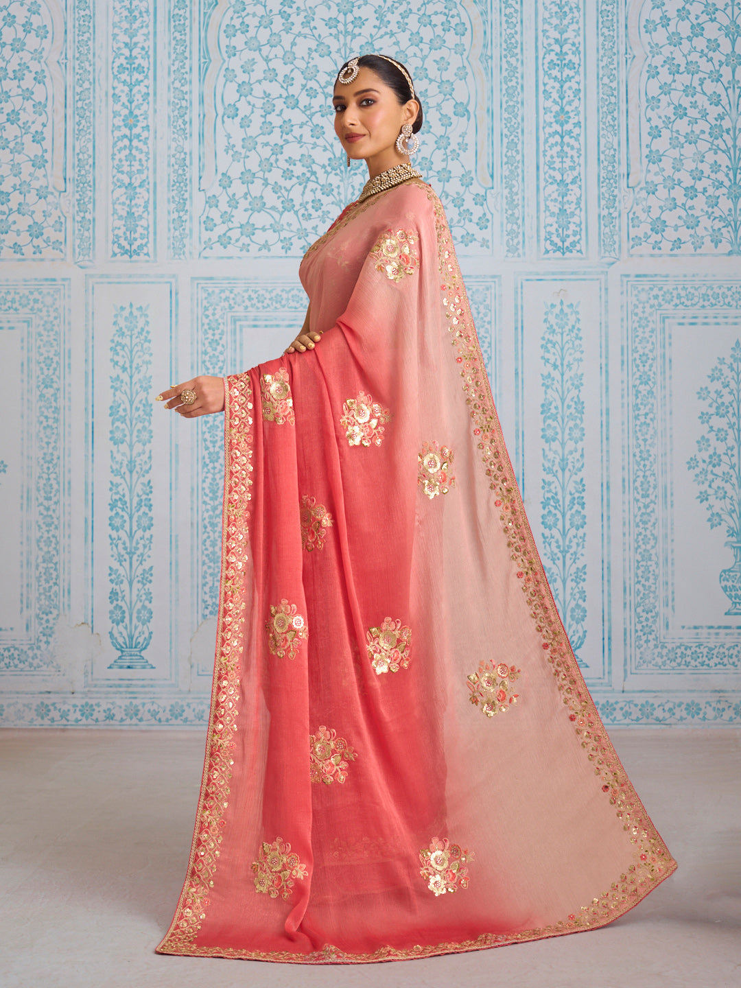 Laxmipati Aanya Peach Chiffon Embroidered Saree