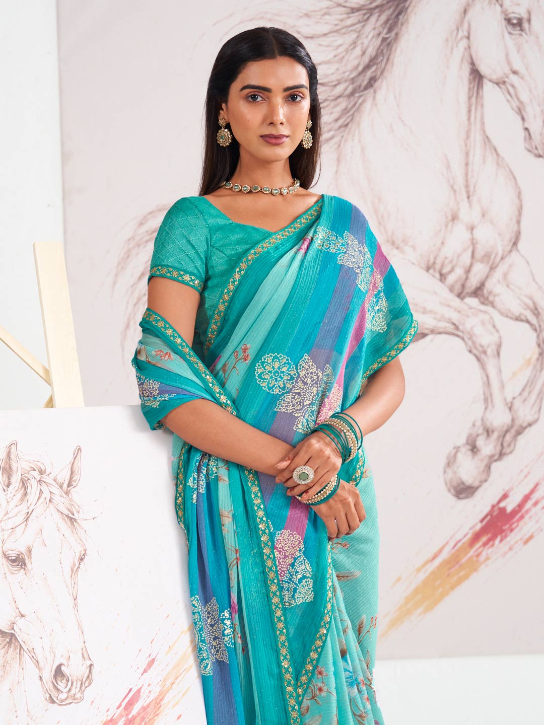 Laxmipati Murli Blue Chiffon Floral Saree