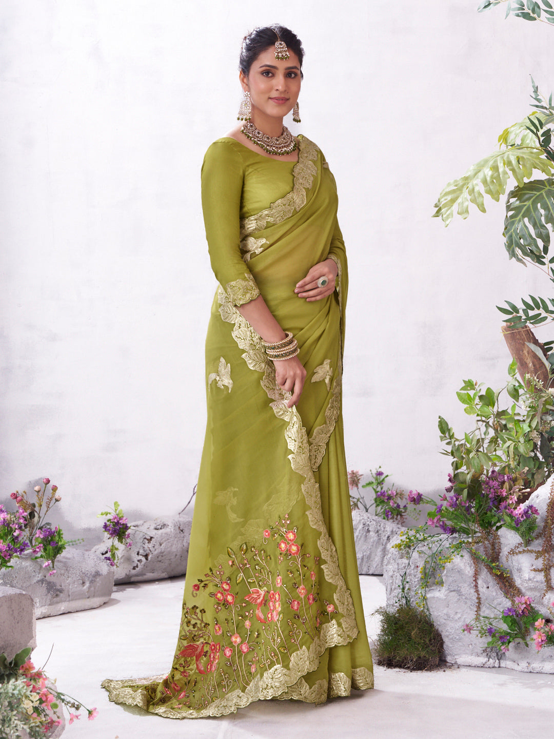 Olive designer bird motif saree festive wear