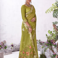 Olive designer bird motif saree festive wear
