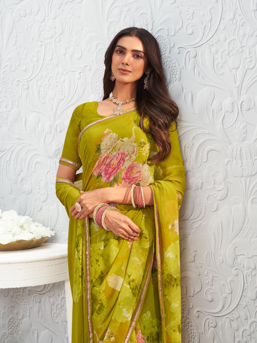 Olive Green floral printed georgette saree wedding wear