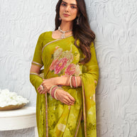 Olive Green floral printed georgette saree wedding wear