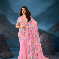 Pink floral embroidered georgette saree party wear