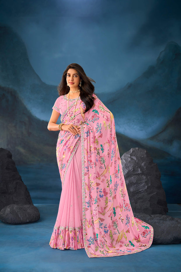 Pink floral embroidered georgette saree party wear