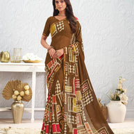 Brown geometric printed georgette saree daily wear