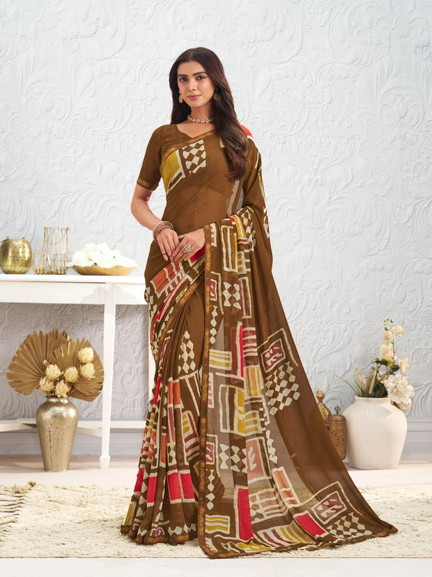 Brown geometric printed georgette saree daily wear