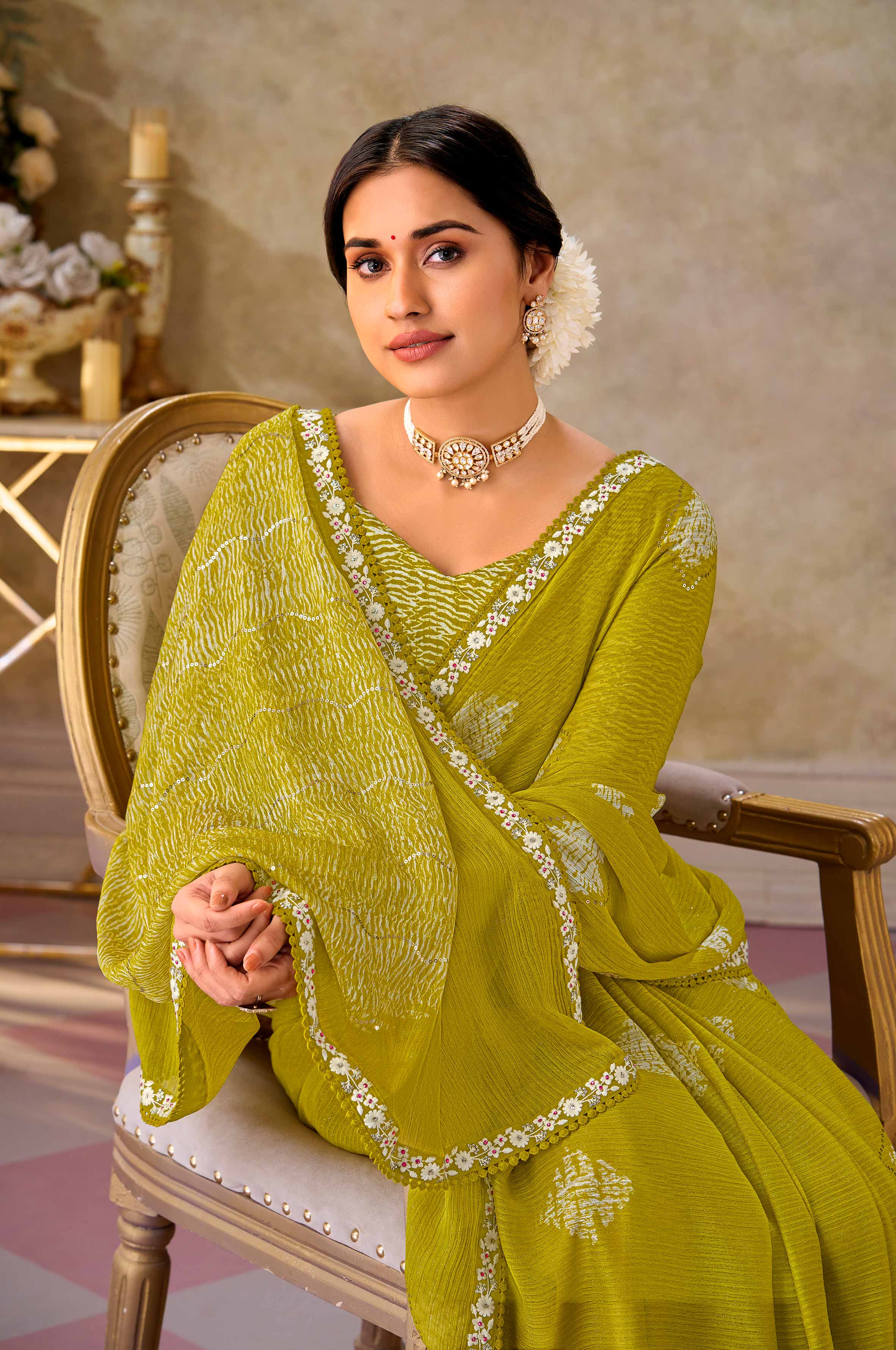 Green embroidered chiffon saree daily wear