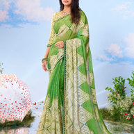 Green floral printed silk saree festive wear 