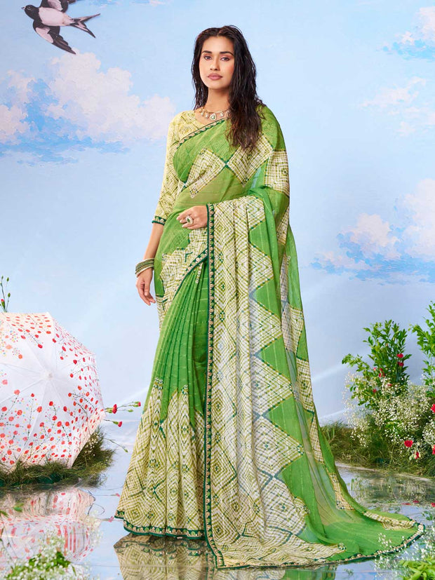 Green floral printed silk saree festive wear 