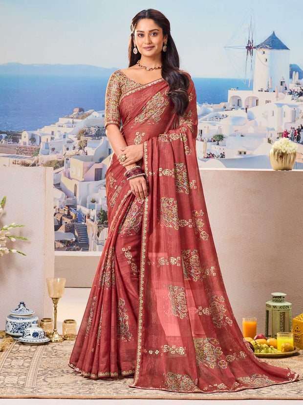 Brown floral chiffon saree