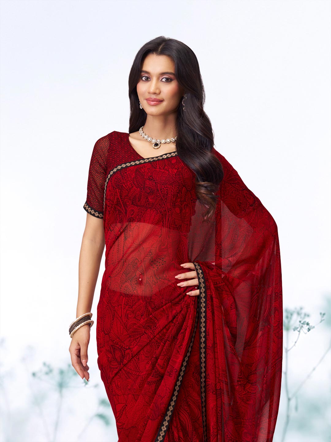 Red floral printed georgette saree wedding wear
