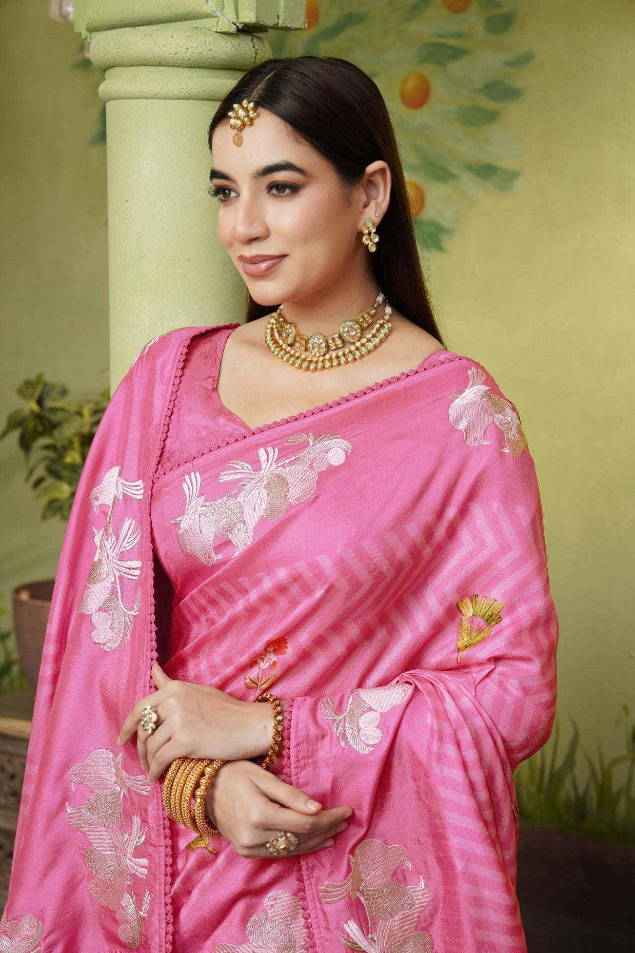 Pink embroidered silk blend saree daily wear