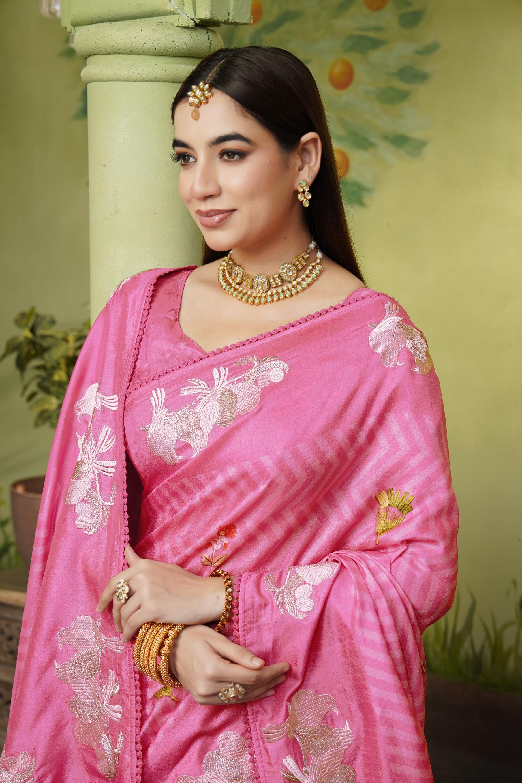 Pink embroidered silk blend saree daily wear
