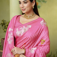 Pink embroidered silk blend saree daily wear
