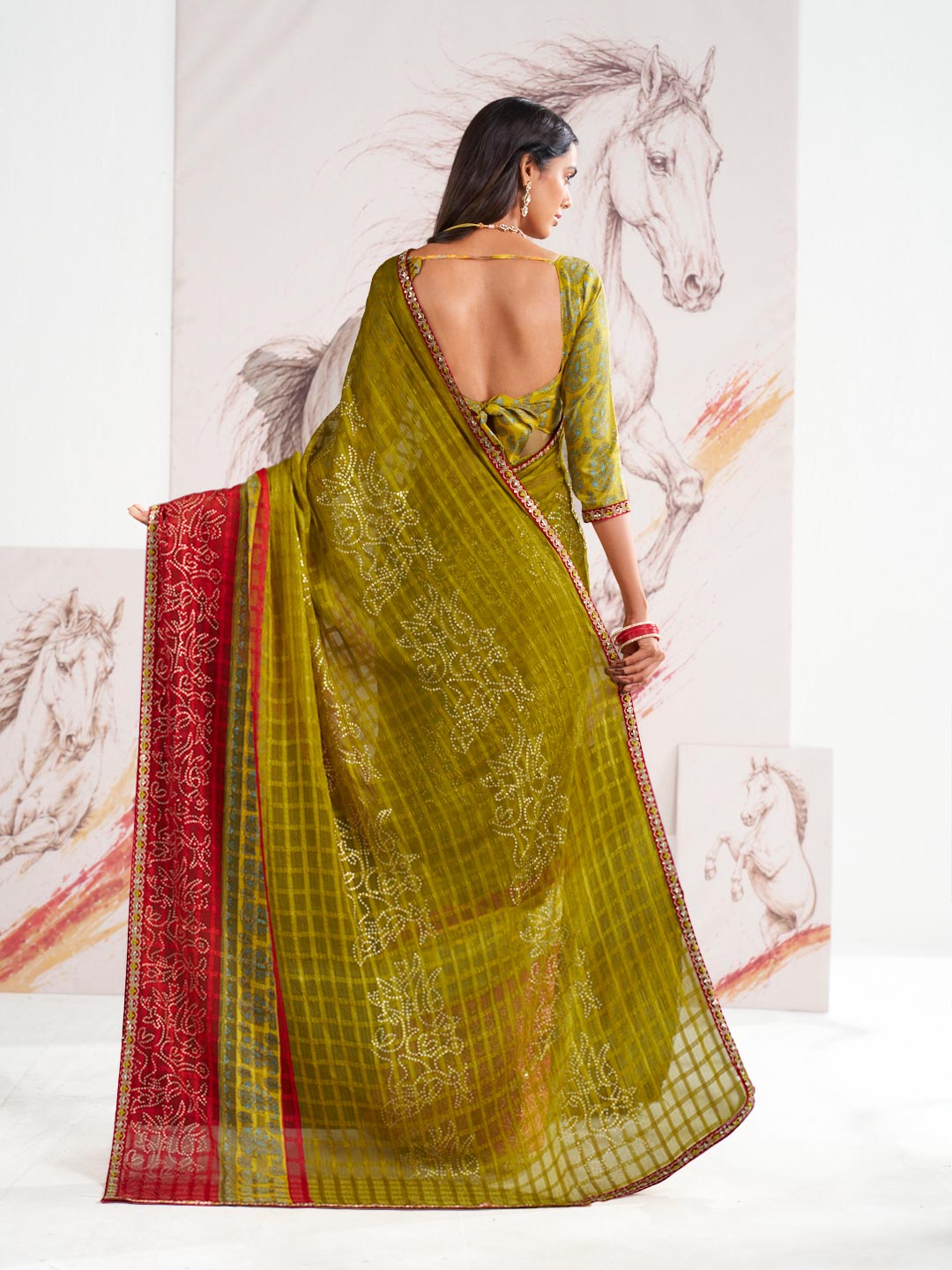 Laxmipati Murli Olive Green Chiffon Floral Saree