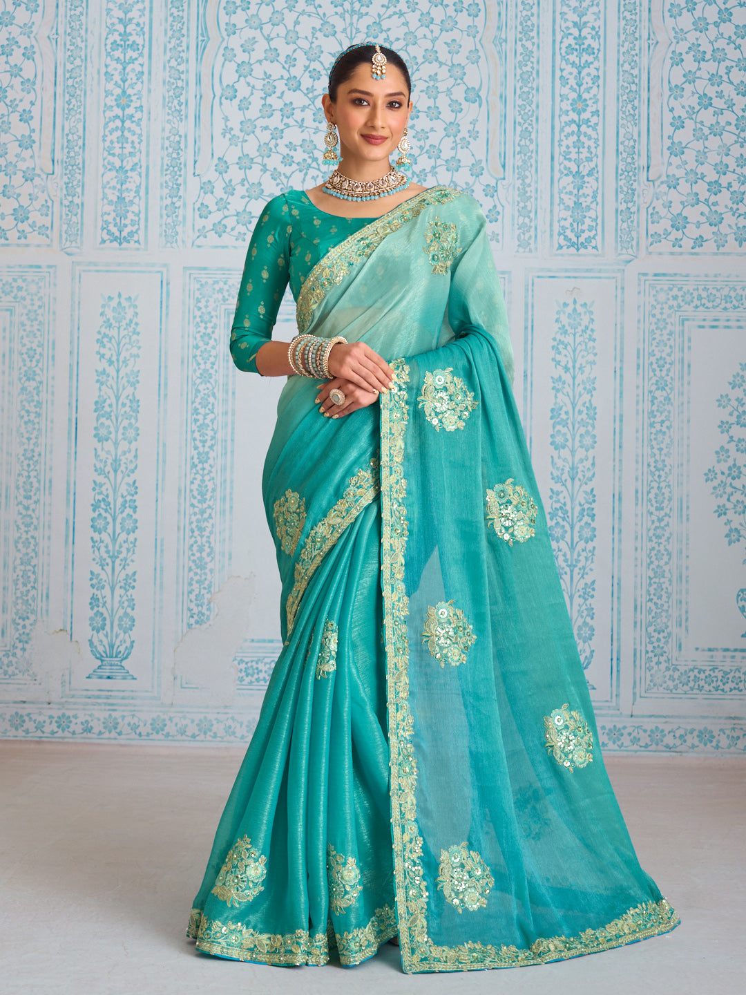 Laxmipati Aanya Blue Chiffon Embroidered Saree
