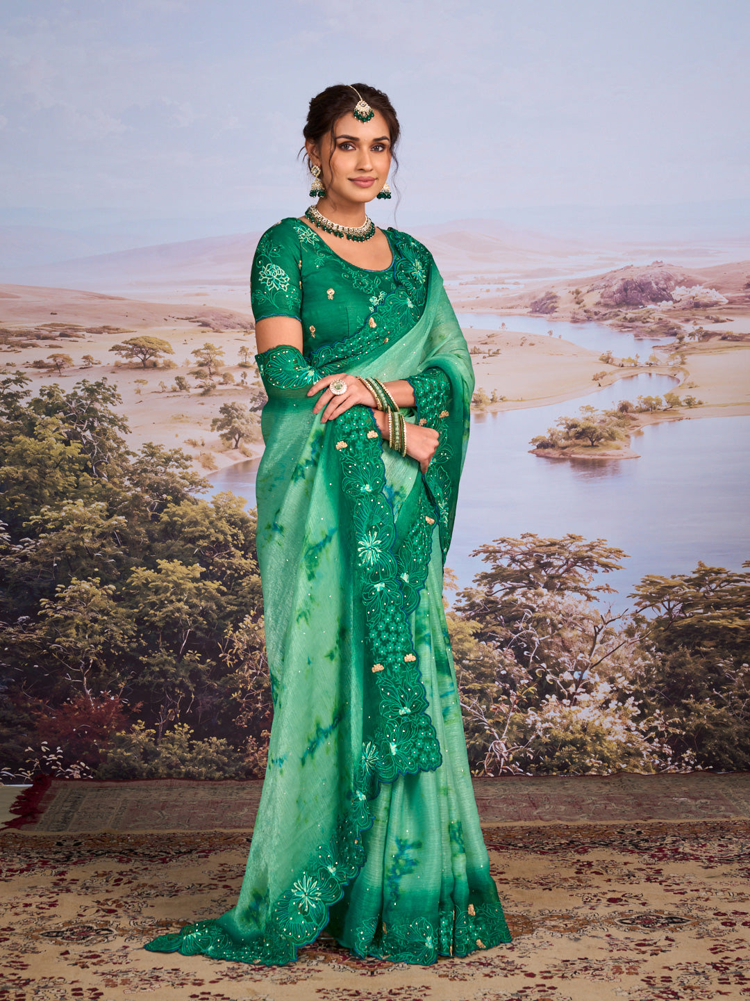 Green floral embroidered chiffon saree party wear
