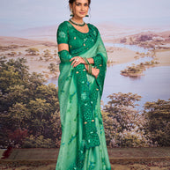 Green floral embroidered chiffon saree party wear