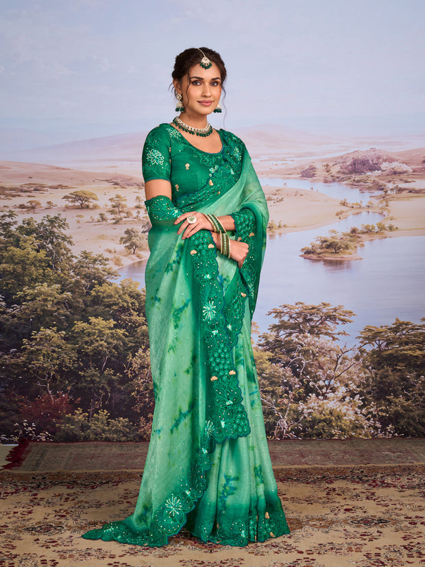 Green floral embroidered chiffon saree party wear
