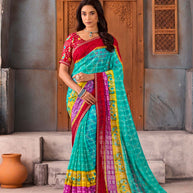 Blue printed chiffon saree traditional wear