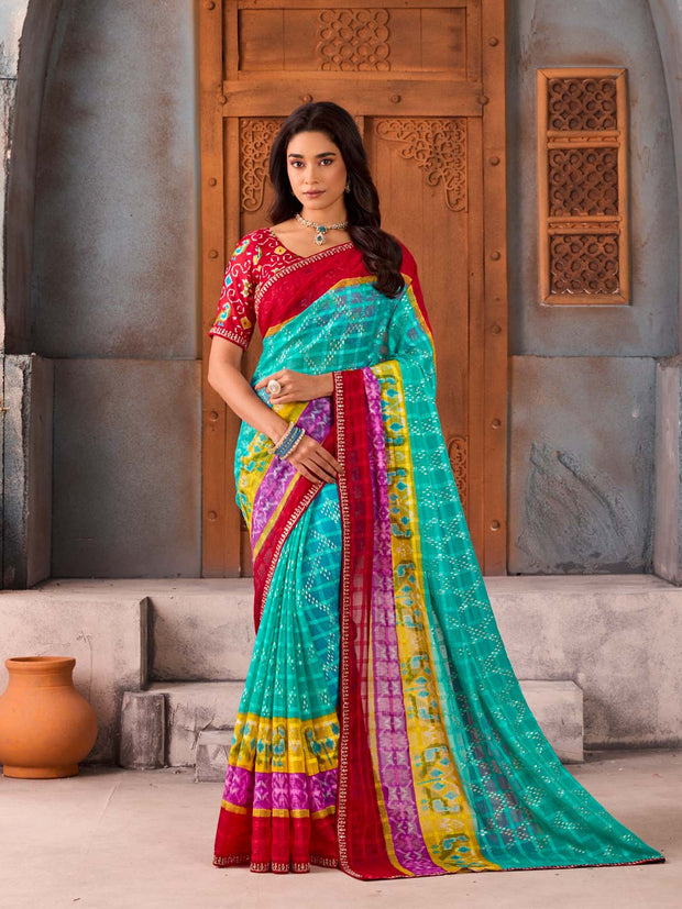 Blue printed chiffon saree traditional wear