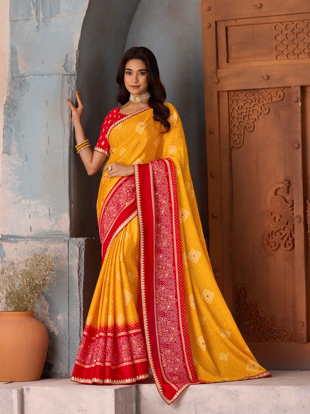 Mustard bandhani printed silk blend saree festive wear