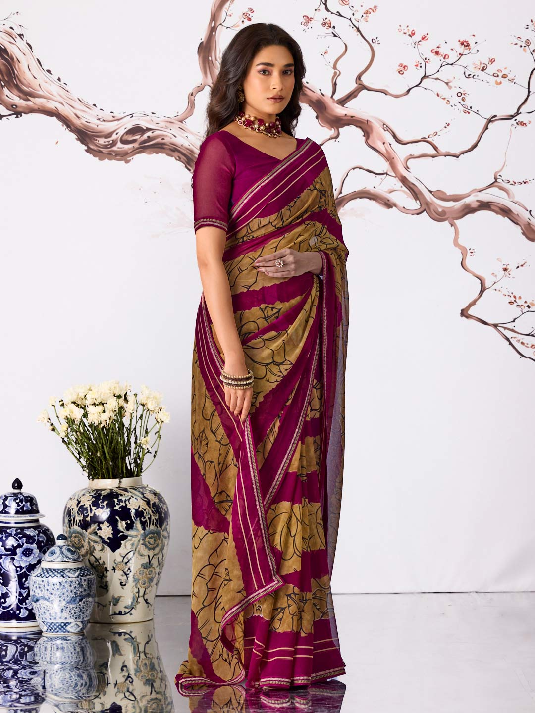 Purple floral printed georgette saree party wear