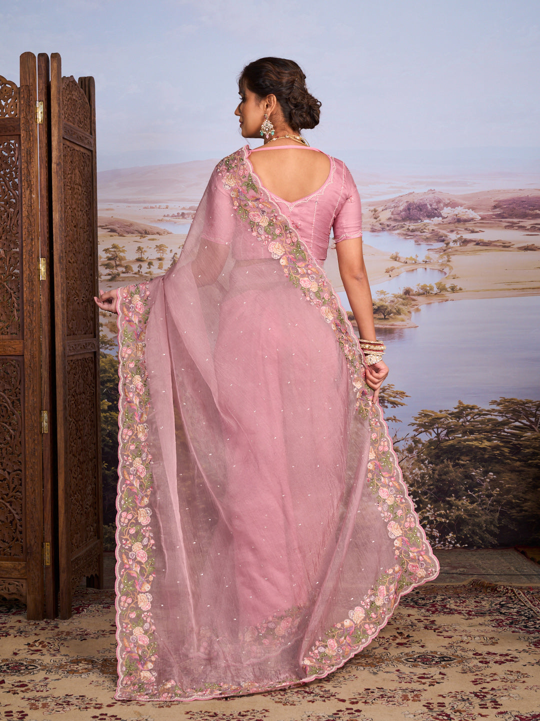 Pink floral embroidered tissue organza saree party wear